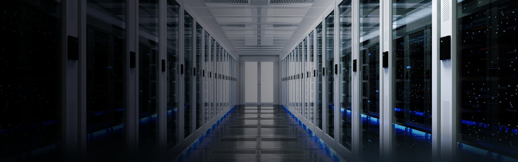 Corridor of server racks in a data center